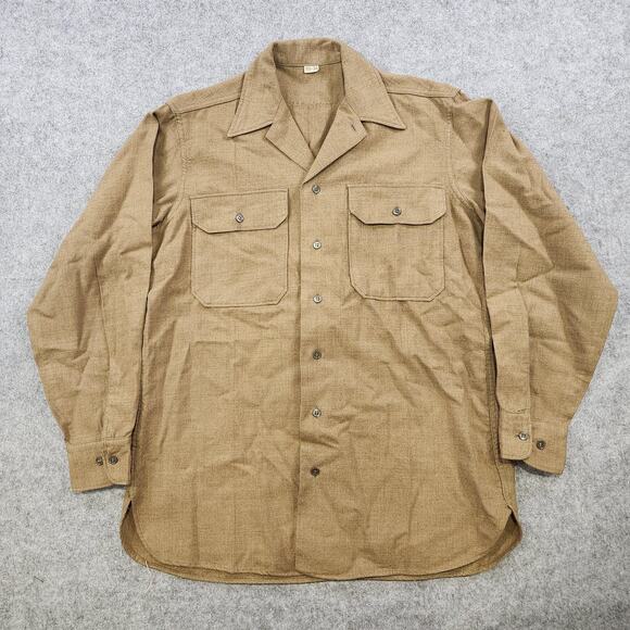 Vintage US Army Wool Shirt Mens 15.5 34 Khaki Button Front Military Uniform 50s - Picture 2 of 16